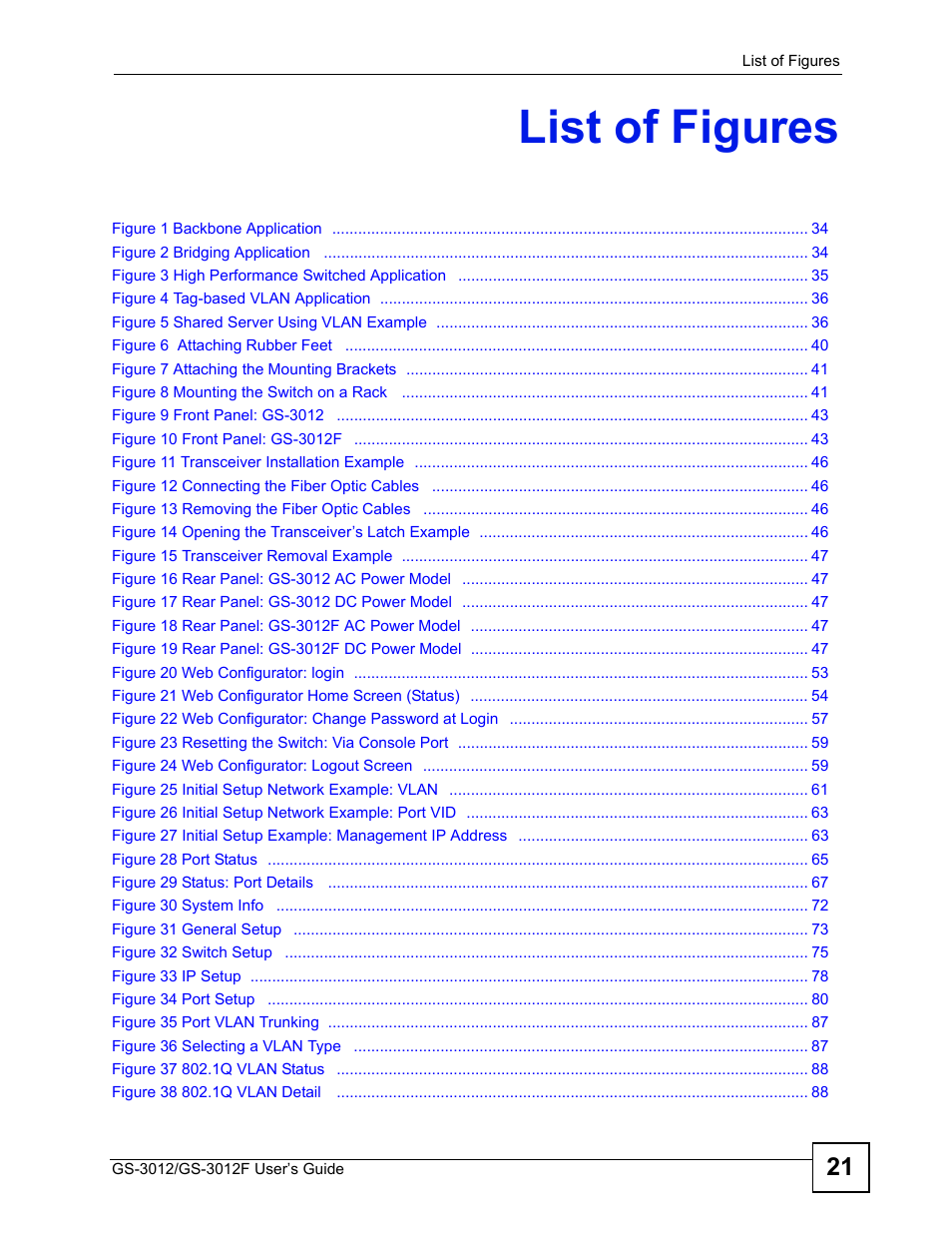 List of figures | ZyXEL Communications GS-3012F Series User Manual | Page 21 / 300