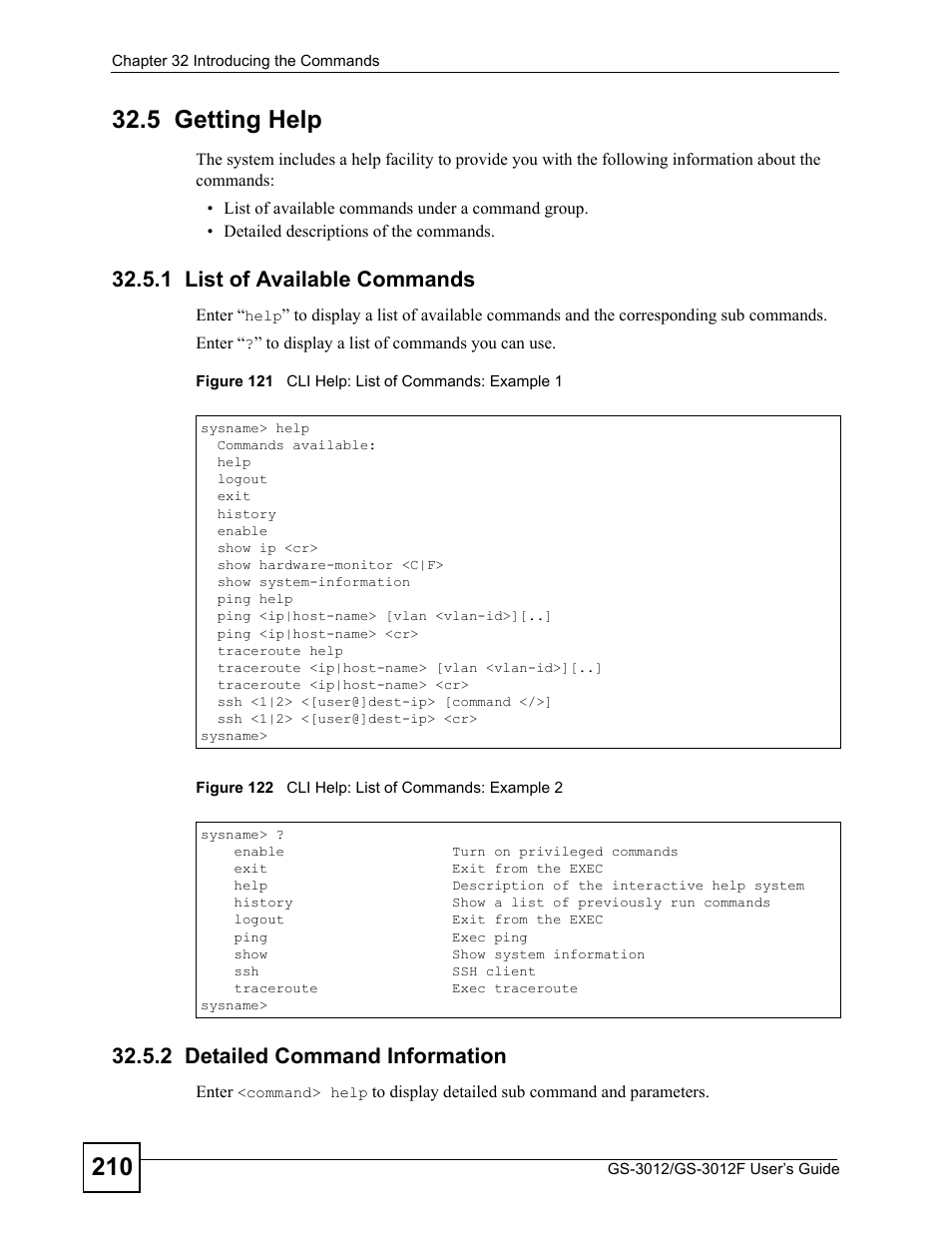5 getting help, 1 list of available commands, 2 detailed command information | ZyXEL Communications GS-3012F Series User Manual | Page 210 / 300