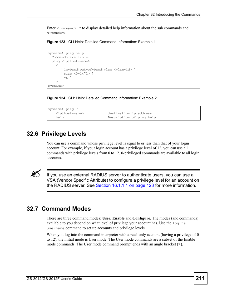 6 privilege levels, 7 command modes, 6 privilege levels 32.7 command modes | ZyXEL Communications GS-3012F Series User Manual | Page 211 / 300