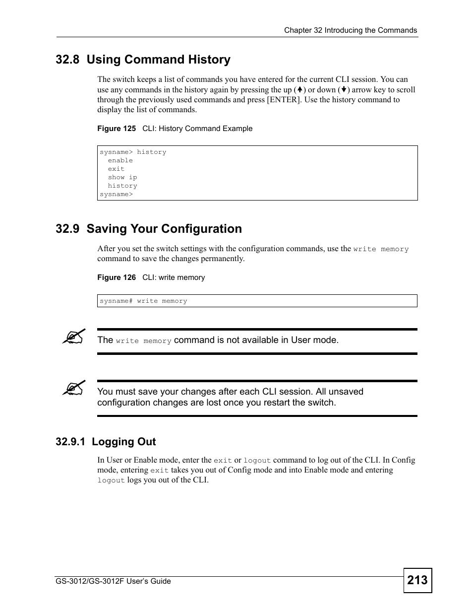 8 using command history, 9 saving your configuration, 1 logging out | ZyXEL Communications GS-3012F Series User Manual | Page 213 / 300