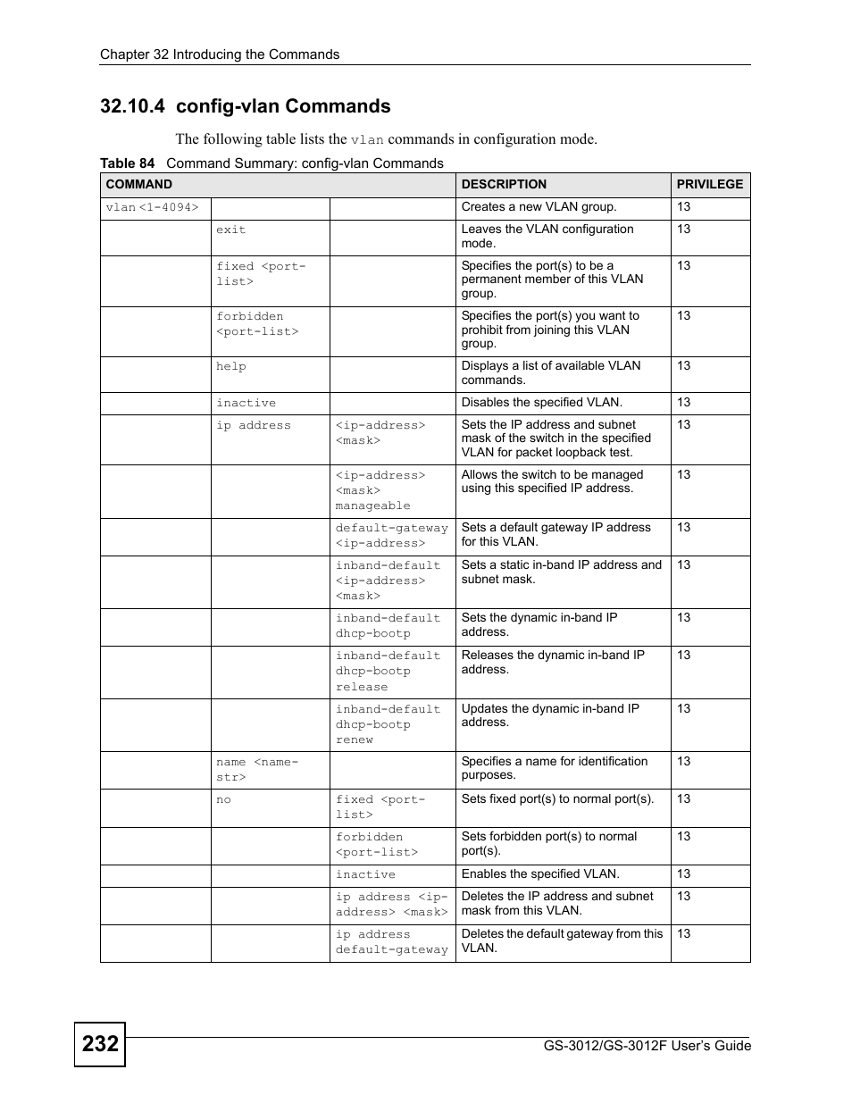 4 config-vlan commands, Table 84 command summary: config-vlan commands | ZyXEL Communications GS-3012F Series User Manual | Page 232 / 300