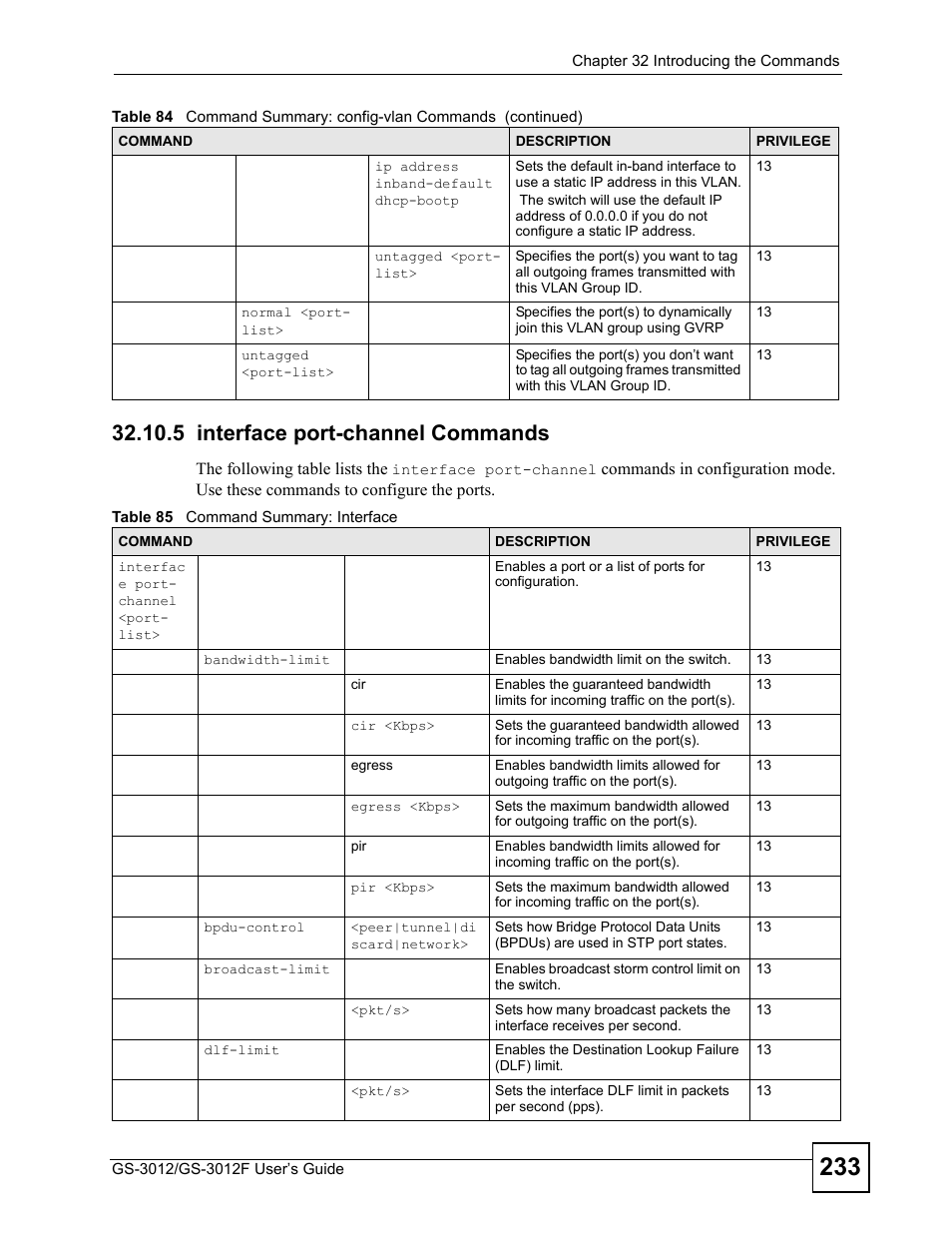 5 interface port-channel commands, Table 85 command summary: interface | ZyXEL Communications GS-3012F Series User Manual | Page 233 / 300