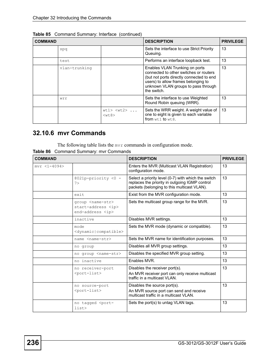6 mvr commands, Table 86 command summary: mvr commands | ZyXEL Communications GS-3012F Series User Manual | Page 236 / 300