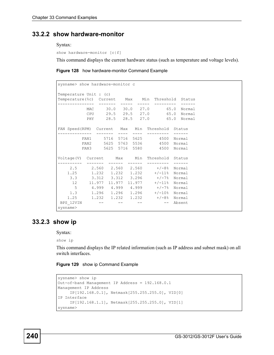 2 show hardware-monitor, 3 show ip, 2 show hardware-monitor 33.2.3 show ip | ZyXEL Communications GS-3012F Series User Manual | Page 240 / 300