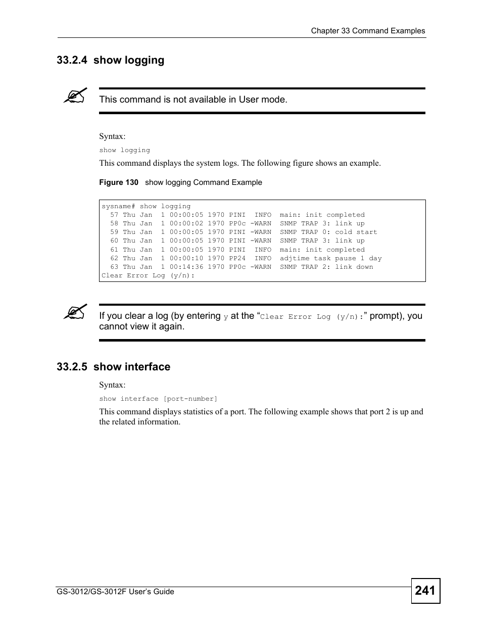 4 show logging, 5 show interface, 4 show logging 33.2.5 show interface | Figure 130 show logging command example | ZyXEL Communications GS-3012F Series User Manual | Page 241 / 300