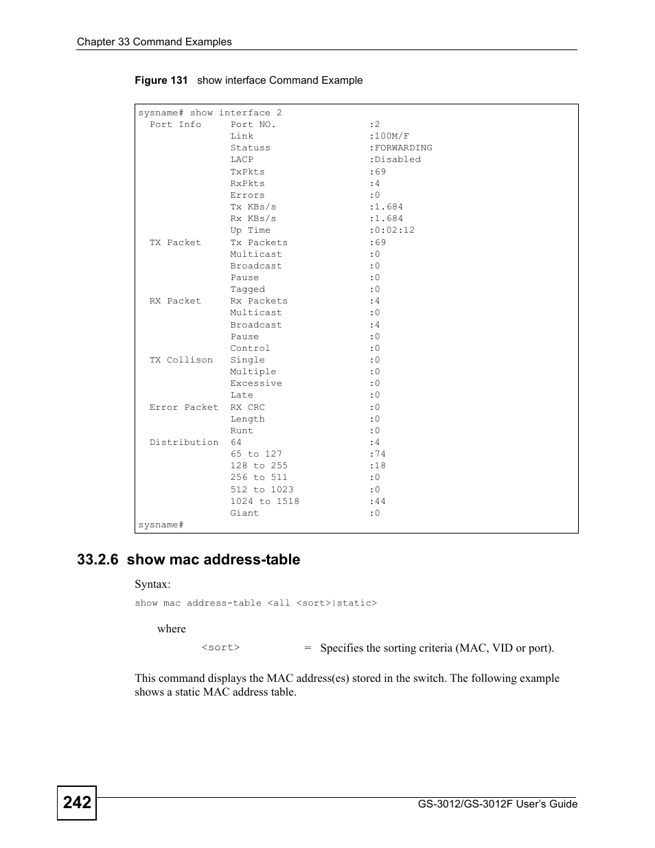 6 show mac address-table, Figure 131 show interface command example | ZyXEL Communications GS-3012F Series User Manual | Page 242 / 300