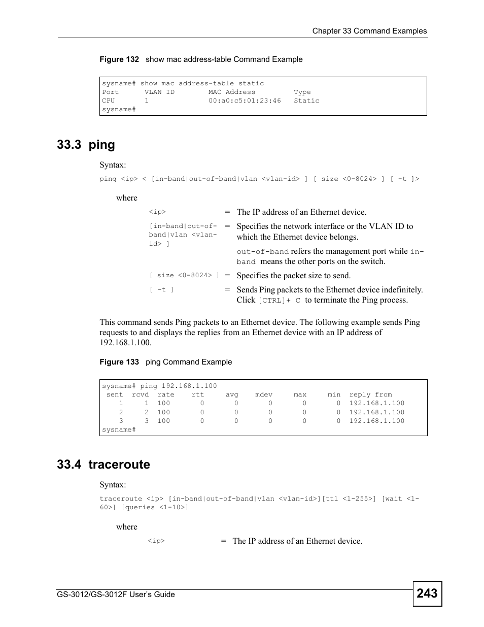 3 ping, 4 traceroute, 3 ping 33.4 traceroute | ZyXEL Communications GS-3012F Series User Manual | Page 243 / 300