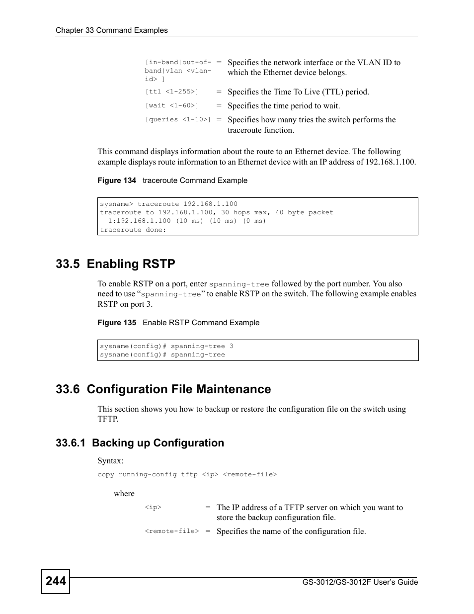 5 enabling rstp, 6 configuration file maintenance, 1 backing up configuration | ZyXEL Communications GS-3012F Series User Manual | Page 244 / 300