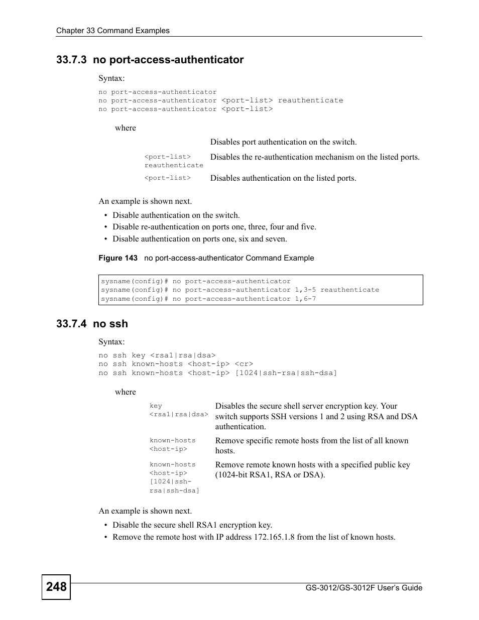 3 no port-access-authenticator, 4 no ssh, 3 no port-access-authenticator 33.7.4 no ssh | ZyXEL Communications GS-3012F Series User Manual | Page 248 / 300