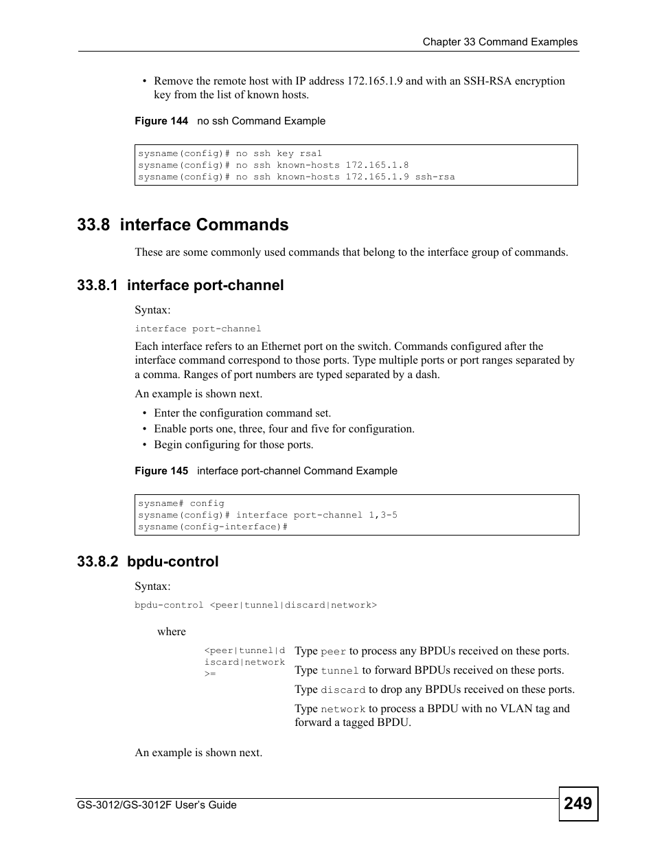 8 interface commands, 1 interface port-channel, 2 bpdu-control | 1 interface port-channel 33.8.2 bpdu-control | ZyXEL Communications GS-3012F Series User Manual | Page 249 / 300