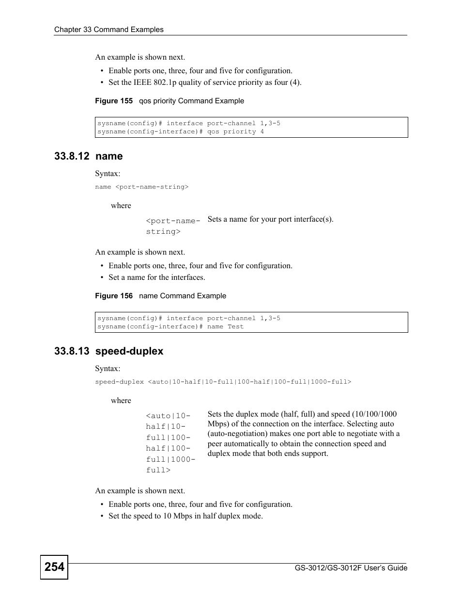 12 name, 13 speed-duplex, 12 name 33.8.13 speed-duplex | ZyXEL Communications GS-3012F Series User Manual | Page 254 / 300