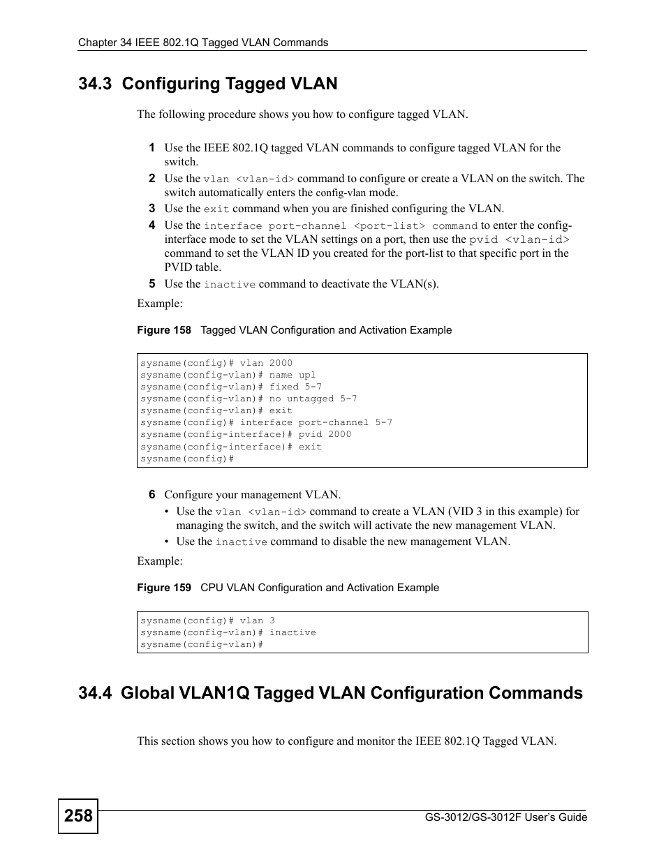3 configuring tagged vlan, 4 global vlan1q tagged vlan configuration commands | ZyXEL Communications GS-3012F Series User Manual | Page 258 / 300