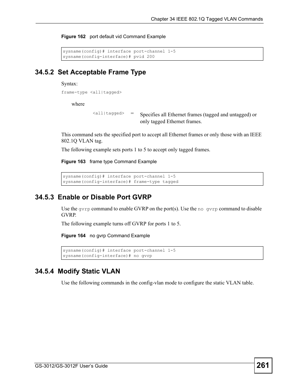 2 set acceptable frame type, 3 enable or disable port gvrp, 4 modify static vlan | ZyXEL Communications GS-3012F Series User Manual | Page 261 / 300