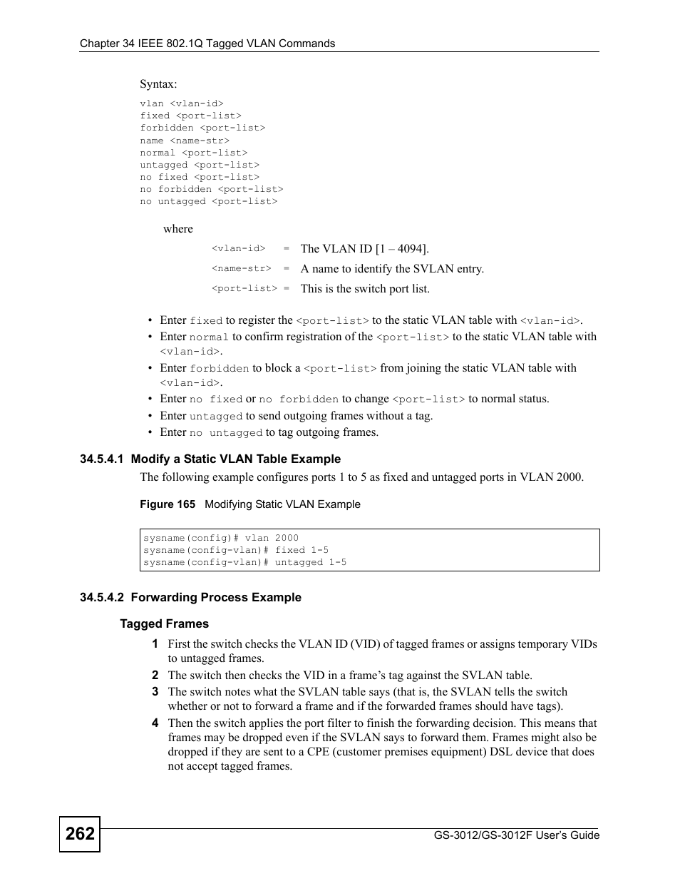 Figure 165 modifying static vlan example | ZyXEL Communications GS-3012F Series User Manual | Page 262 / 300