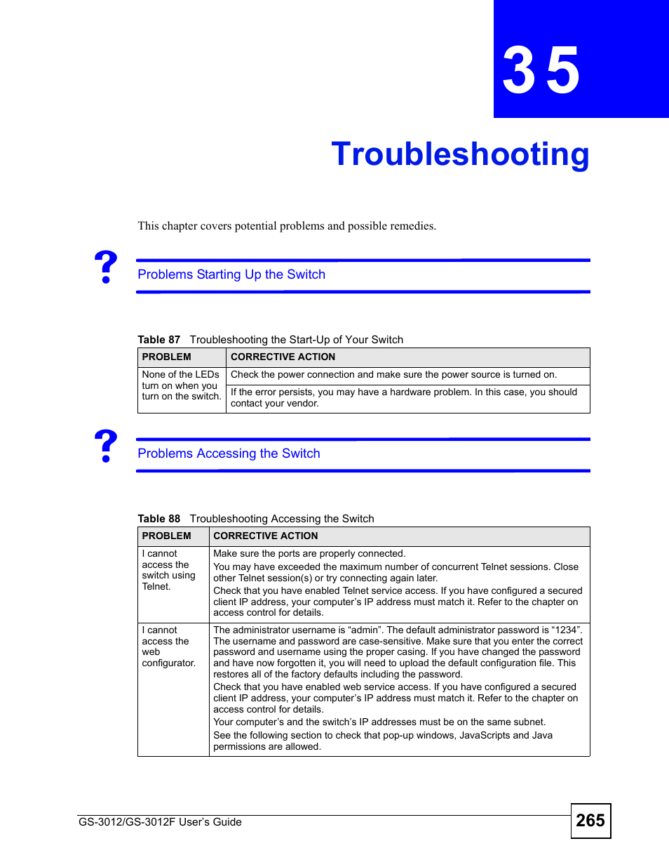 Troubleshooting, Chapter 35 troubleshooting, Troubleshooting (265) | ZyXEL Communications GS-3012F Series User Manual | Page 265 / 300