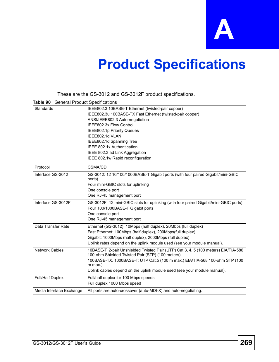 Product specifications, Appendix a product specifications, Table 90 general product specifications | Product specifications (269) | ZyXEL Communications GS-3012F Series User Manual | Page 269 / 300