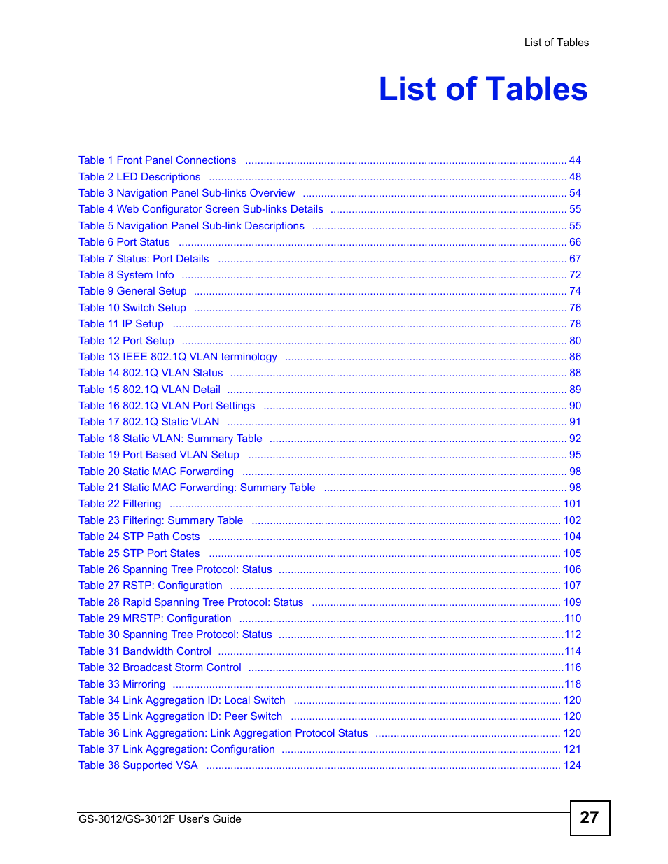List of tables | ZyXEL Communications GS-3012F Series User Manual | Page 27 / 300