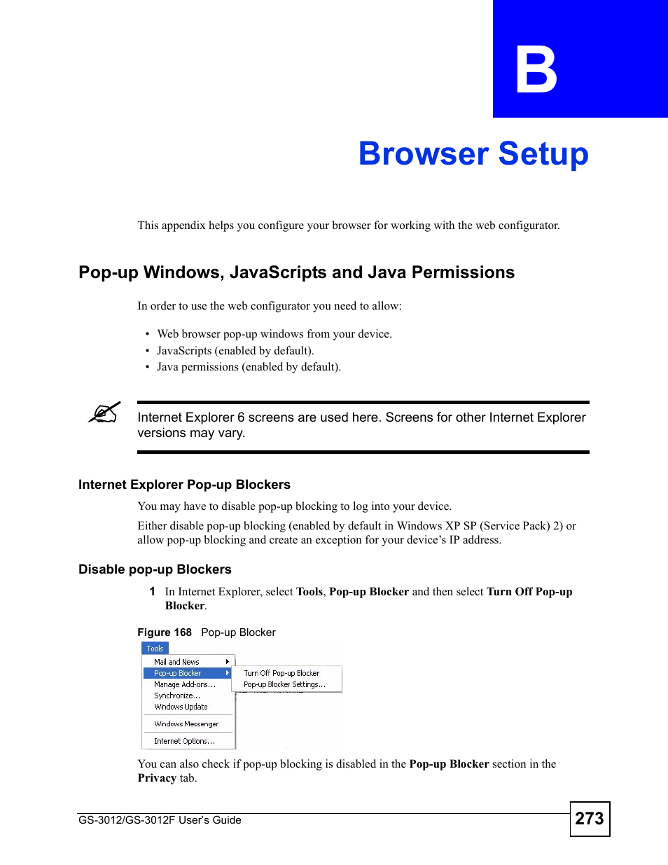 Browser setup, Appendix b browser setup, Figure 168 pop-up blocker | Browser setup (273) | ZyXEL Communications GS-3012F Series User Manual | Page 273 / 300