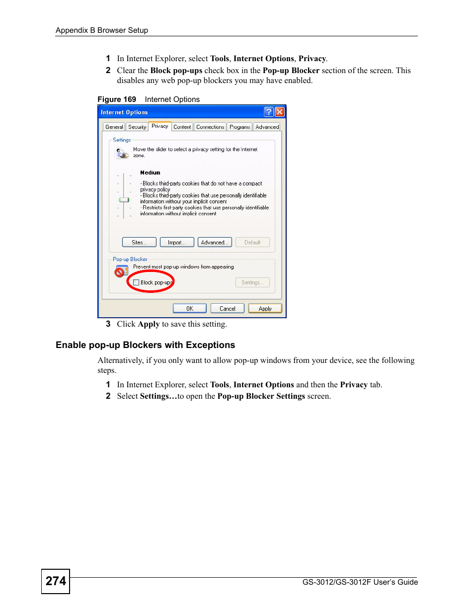 Figure 169 internet options | ZyXEL Communications GS-3012F Series User Manual | Page 274 / 300