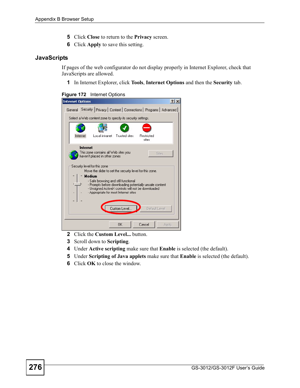 Figure 172 internet options | ZyXEL Communications GS-3012F Series User Manual | Page 276 / 300