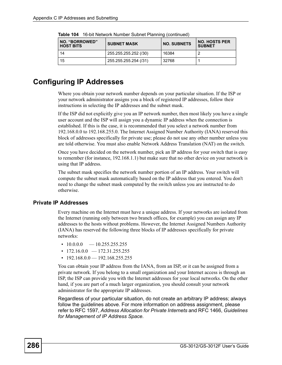 286 configuring ip addresses | ZyXEL Communications GS-3012F Series User Manual | Page 286 / 300