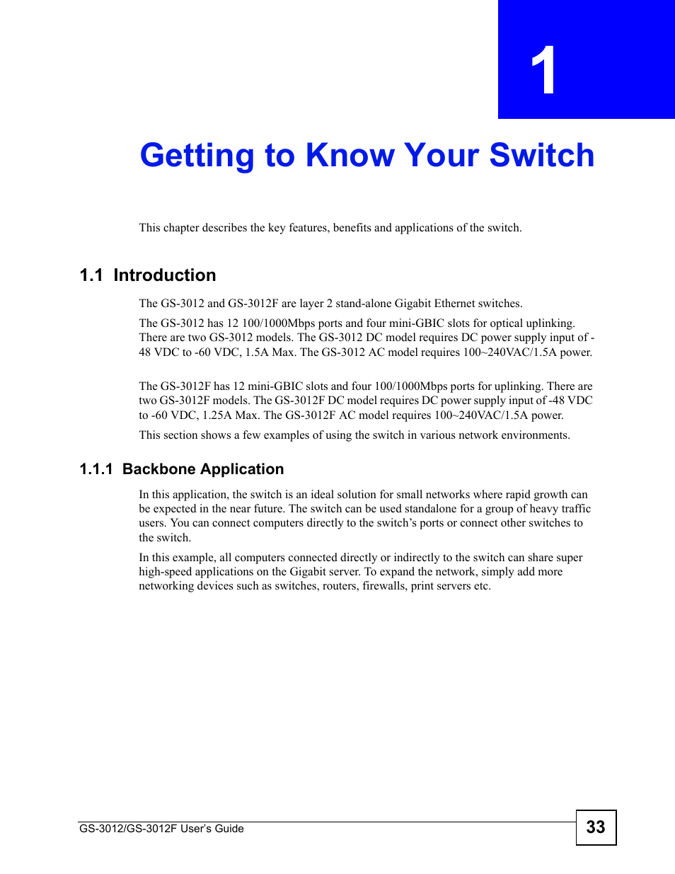 Getting to know your switch, 1 introduction, 1 backbone application | Chapter 1 getting to know your switch | ZyXEL Communications GS-3012F Series User Manual | Page 33 / 300