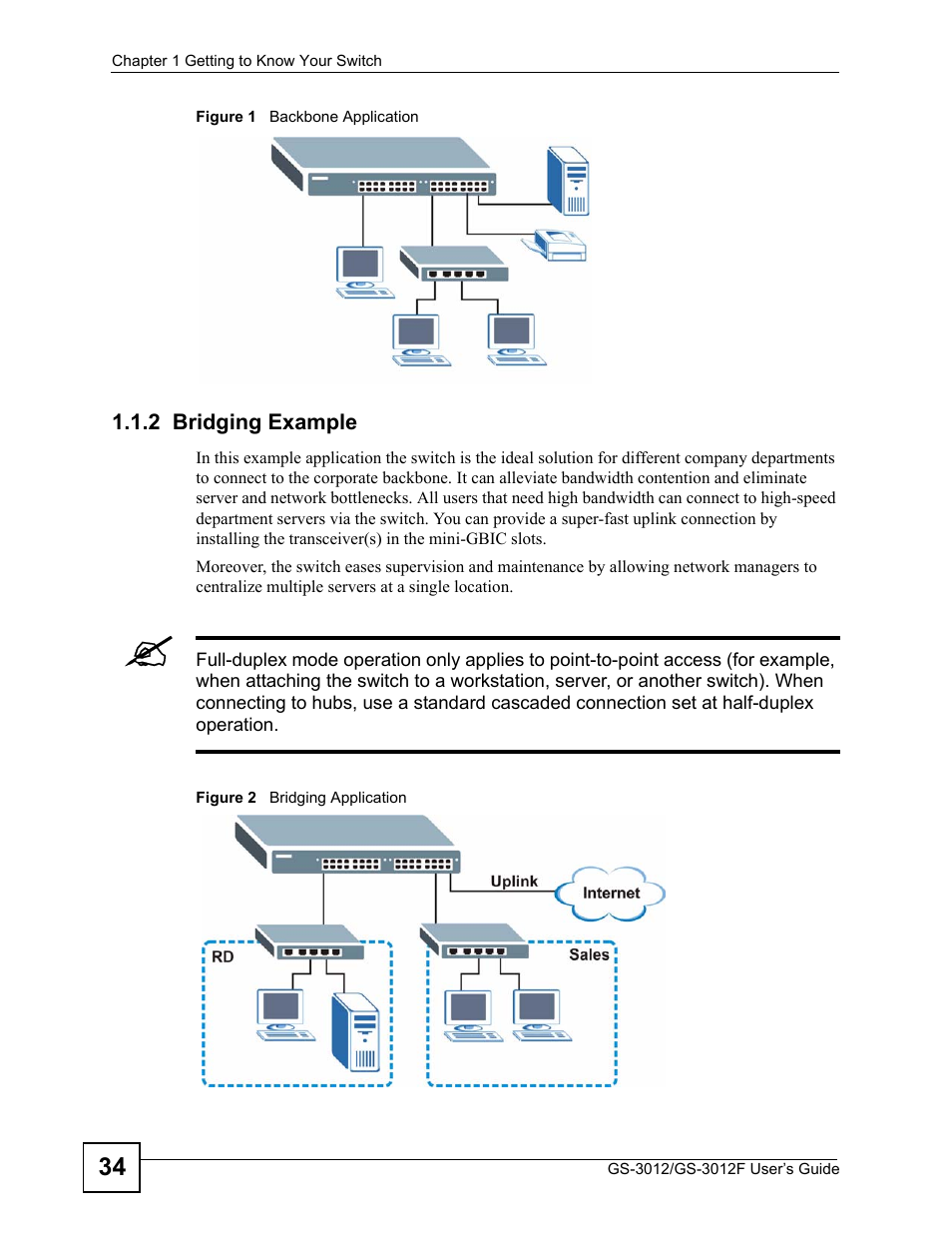 2 bridging example | ZyXEL Communications GS-3012F Series User Manual | Page 34 / 300