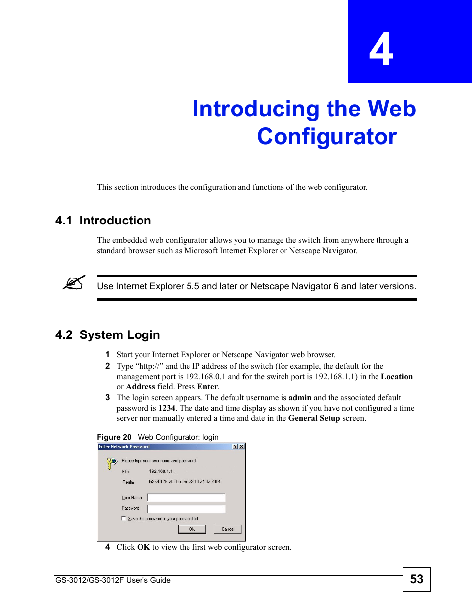 Introducing the web configurator, 1 introduction, 2 system login | Chapter 4 introducing the web configurator, 1 introduction 4.2 system login, Figure 20 web configurator: login, Introducing the web configurator (53) | ZyXEL Communications GS-3012F Series User Manual | Page 53 / 300