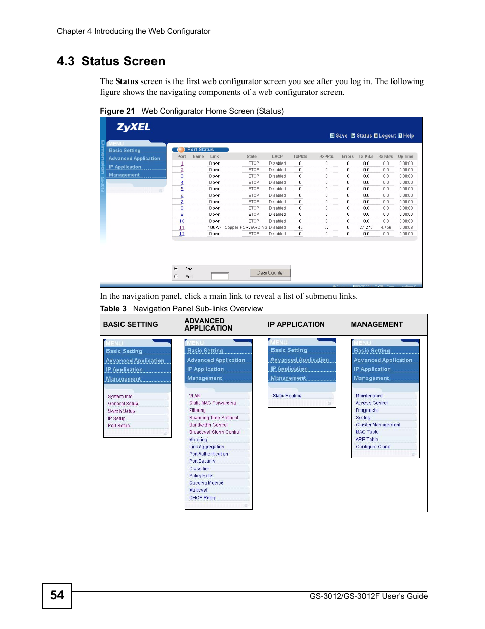 3 status screen, Figure 21 web configurator home screen (status), Table 3 navigation panel sub-links overview | 54 4.3 status screen | ZyXEL Communications GS-3012F Series User Manual | Page 54 / 300