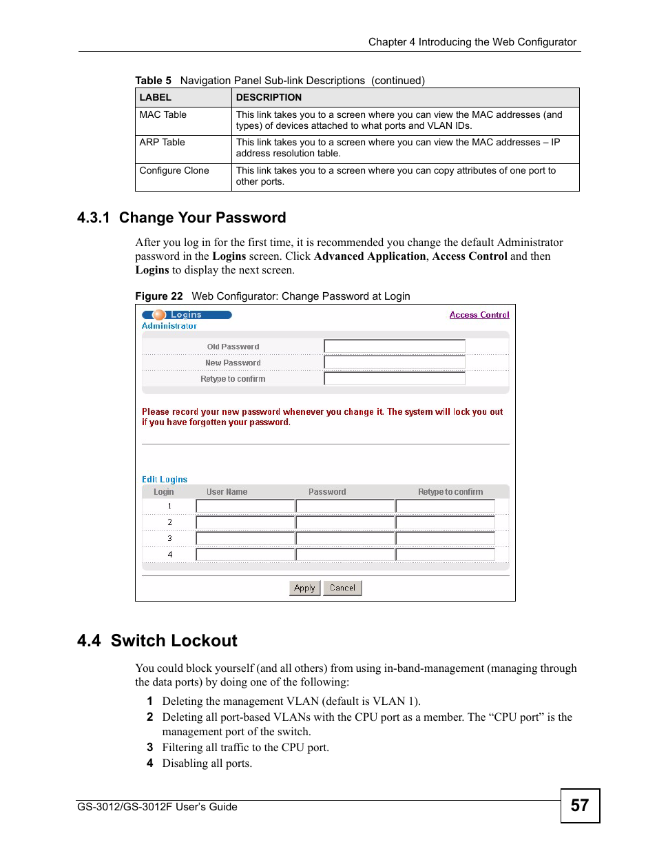 1 change your password, 4 switch lockout | ZyXEL Communications GS-3012F Series User Manual | Page 57 / 300