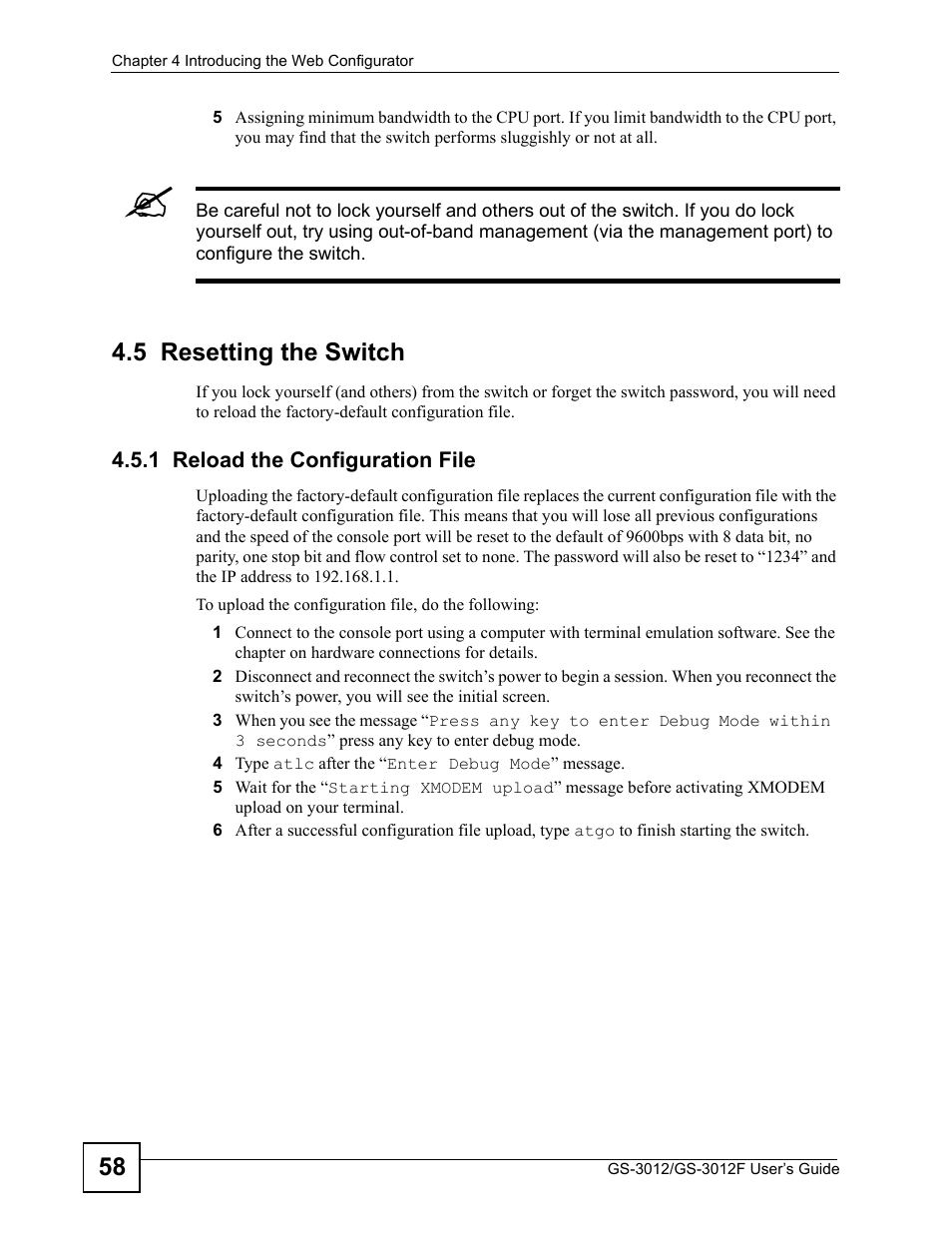 5 resetting the switch, 1 reload the configuration file | ZyXEL Communications GS-3012F Series User Manual | Page 58 / 300