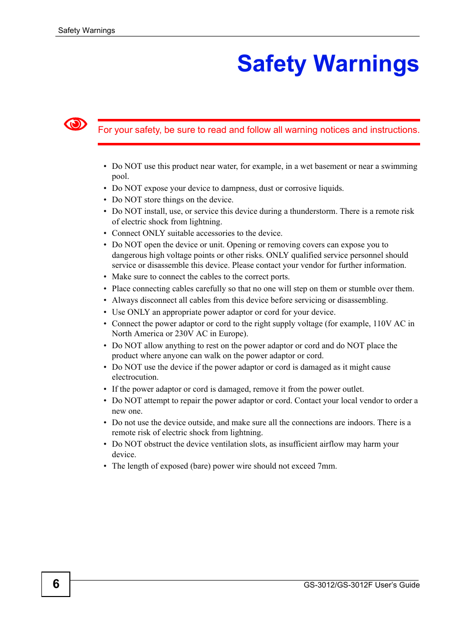 Safety warnings | ZyXEL Communications GS-3012F Series User Manual | Page 6 / 300