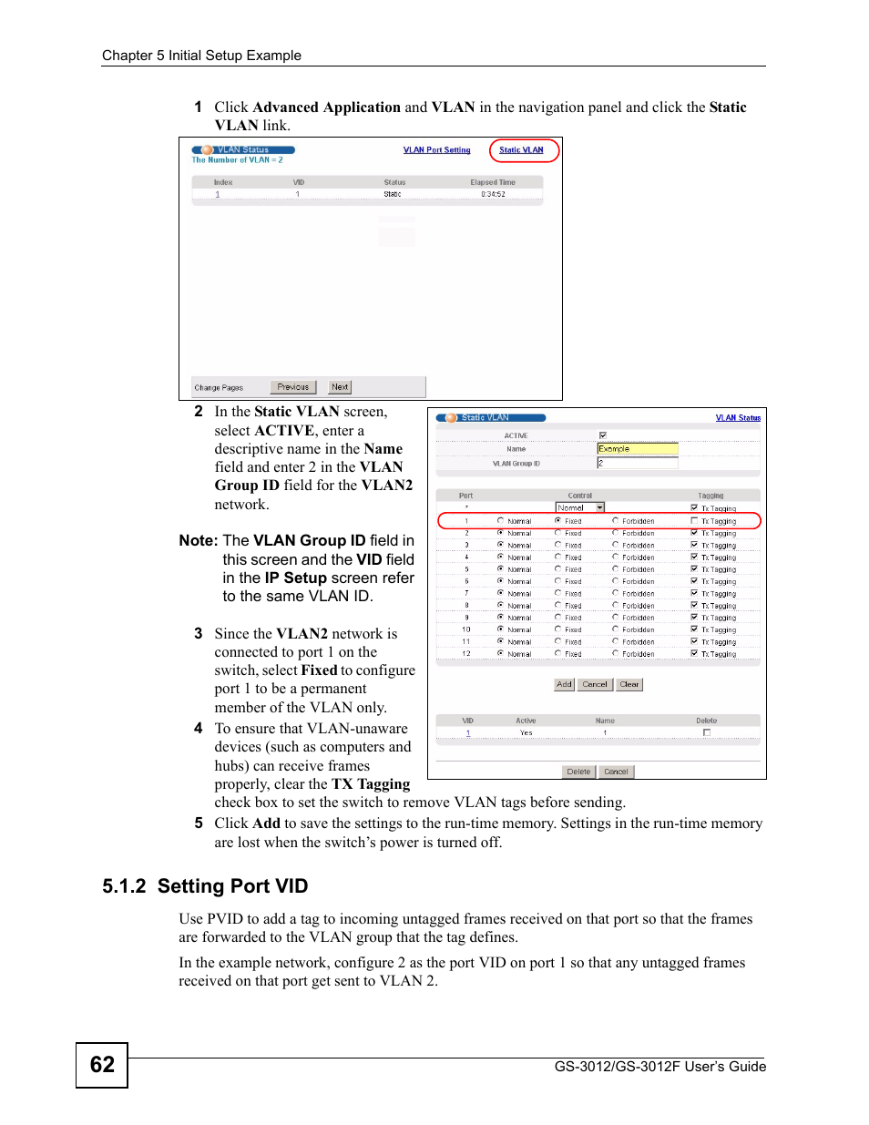 2 setting port vid | ZyXEL Communications GS-3012F Series User Manual | Page 62 / 300