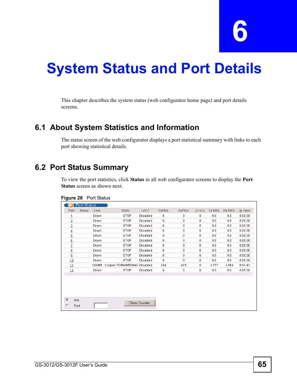 System status and port details, 1 about system statistics and information, 2 port status summary | Chapter 6 system status and port details, Figure 28 port status, System status and port details (65) | ZyXEL Communications GS-3012F Series User Manual | Page 65 / 300