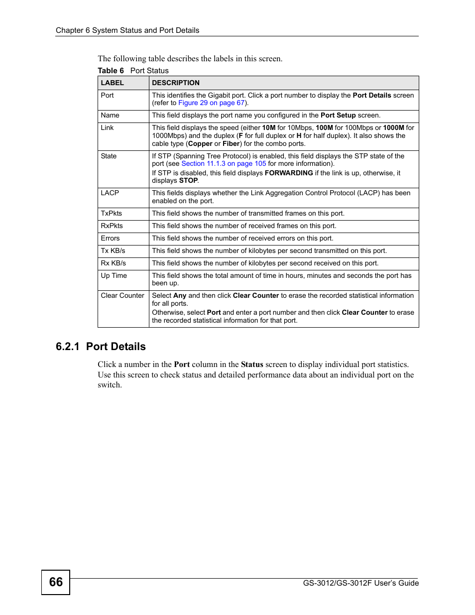 1 port details, Table 6 port status | ZyXEL Communications GS-3012F Series User Manual | Page 66 / 300