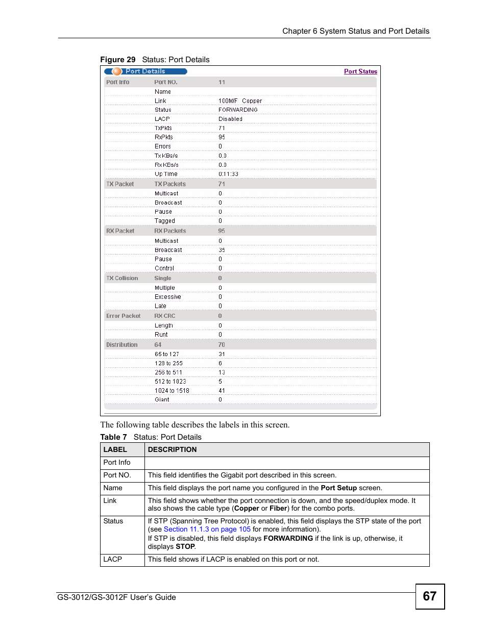 Figure 29 status: port details, Table 7 status: port details | ZyXEL Communications GS-3012F Series User Manual | Page 67 / 300