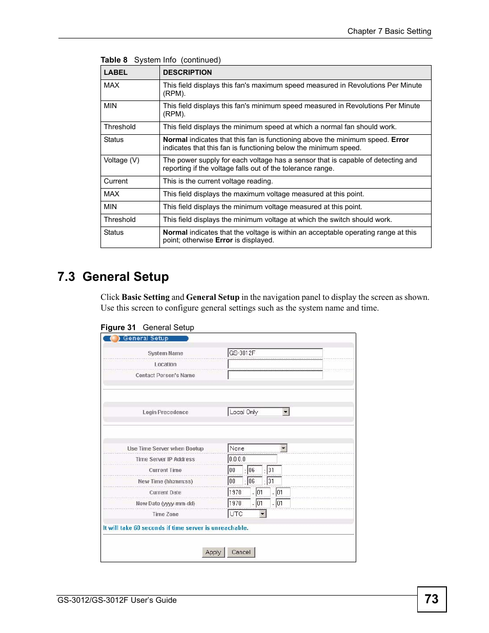 3 general setup, Figure 31 general setup, 73 7.3 general setup | ZyXEL Communications GS-3012F Series User Manual | Page 73 / 300