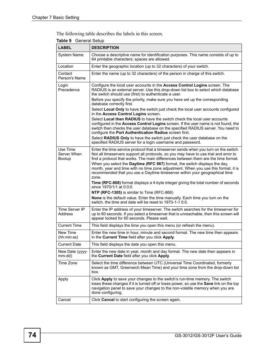 Table 9 general setup | ZyXEL Communications GS-3012F Series User Manual | Page 74 / 300