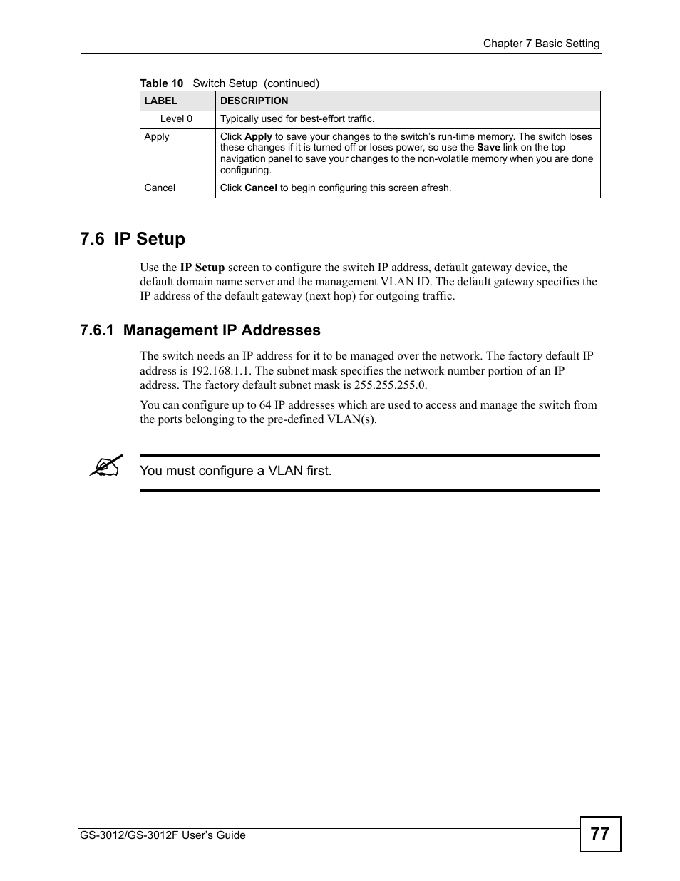 6 ip setup, 1 management ip addresses, 77 7.6 ip setup | ZyXEL Communications GS-3012F Series User Manual | Page 77 / 300