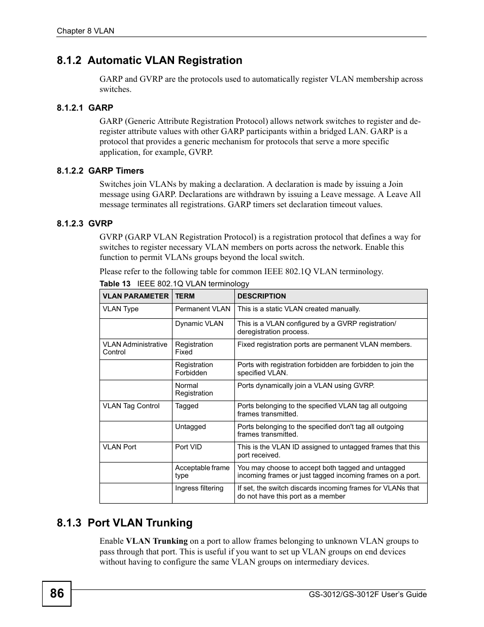 2 automatic vlan registration, 3 port vlan trunking, Table 13 ieee 802.1q vlan terminology | ZyXEL Communications GS-3012F Series User Manual | Page 86 / 300