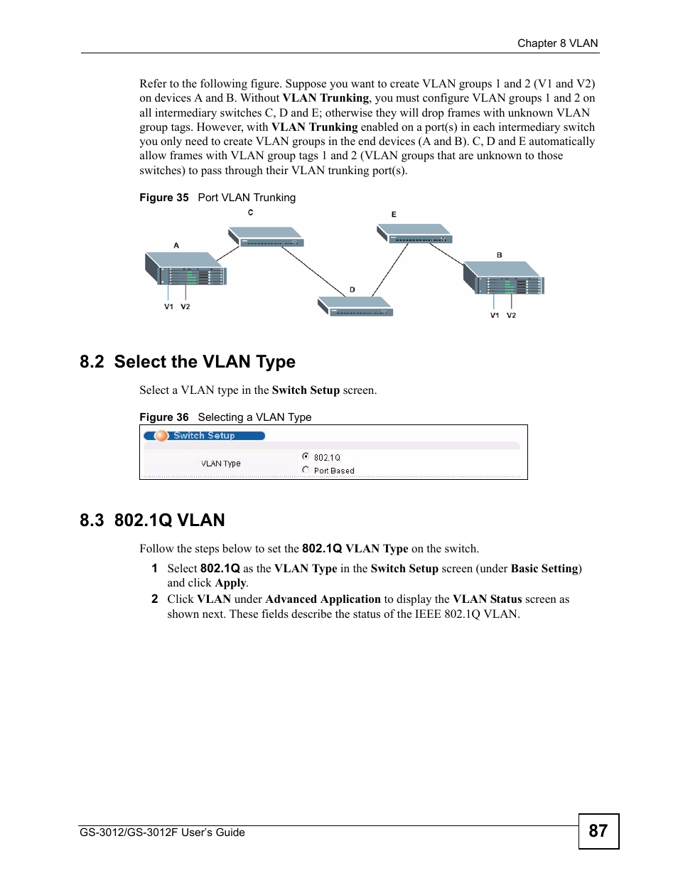 2 select the vlan type, 3 802.1q vlan, 2 select the vlan type 8.3 802.1q vlan | ZyXEL Communications GS-3012F Series User Manual | Page 87 / 300