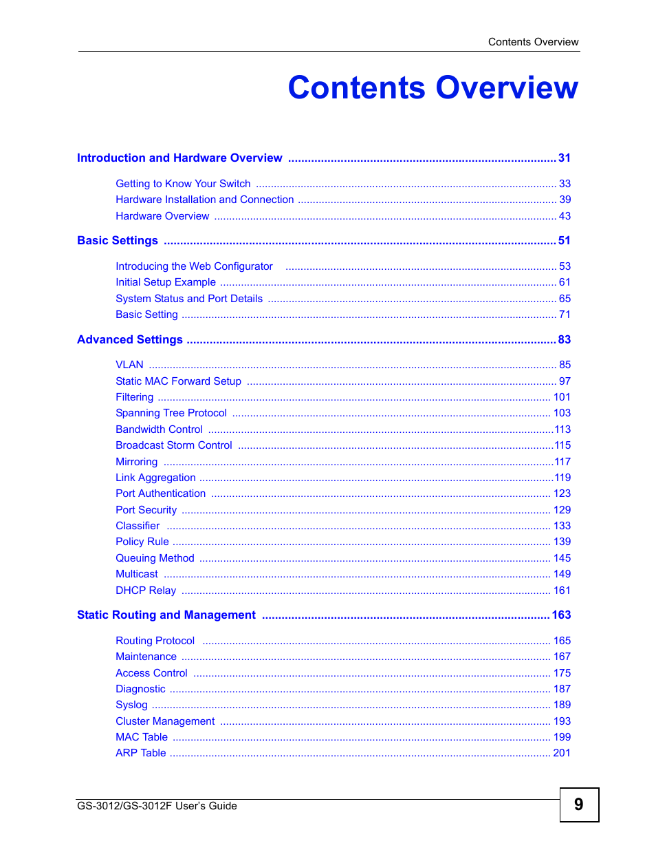 Contents overview | ZyXEL Communications GS-3012F Series User Manual | Page 9 / 300