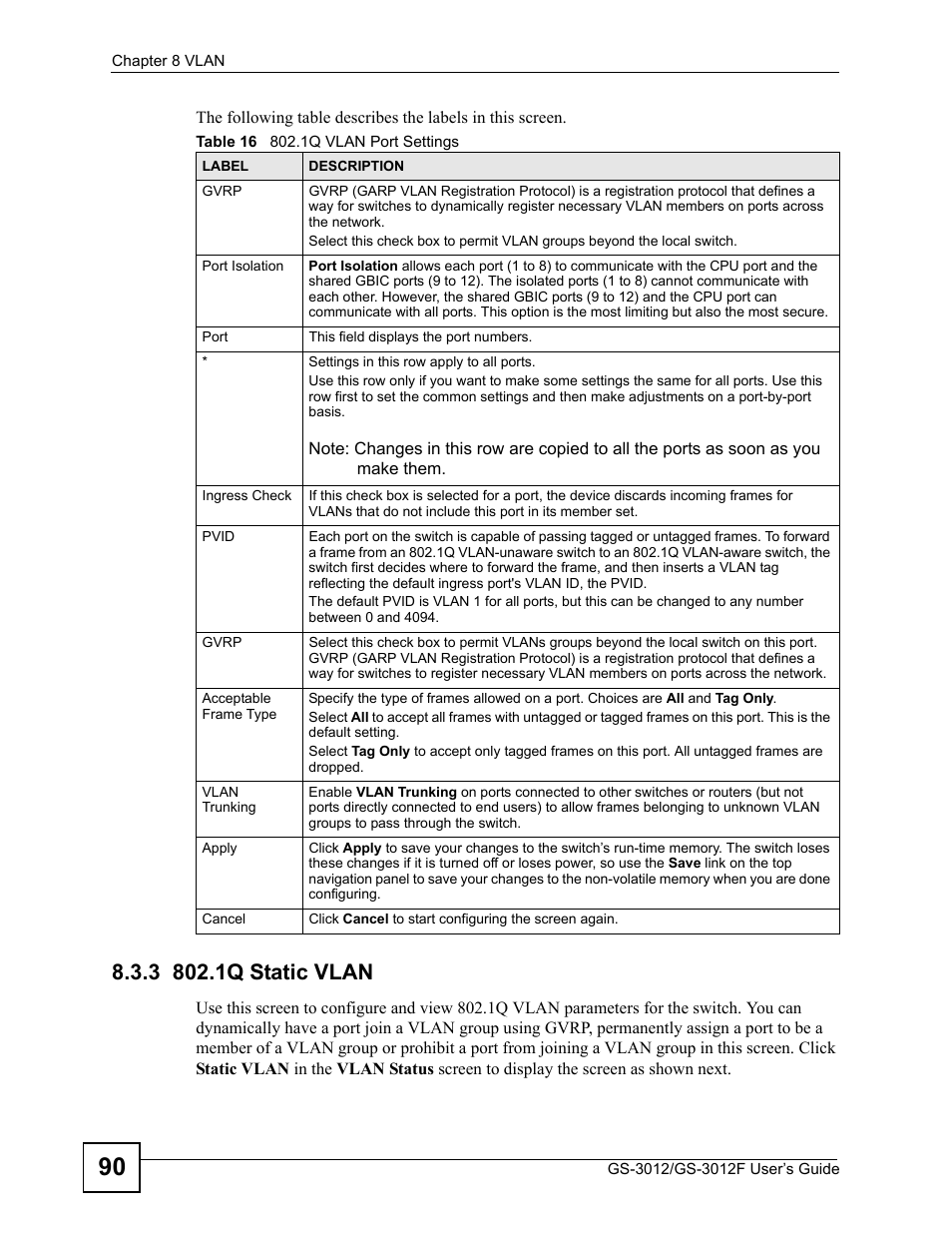 3 802.1q static vlan, Table 16 802.1q vlan port settings | ZyXEL Communications GS-3012F Series User Manual | Page 90 / 300