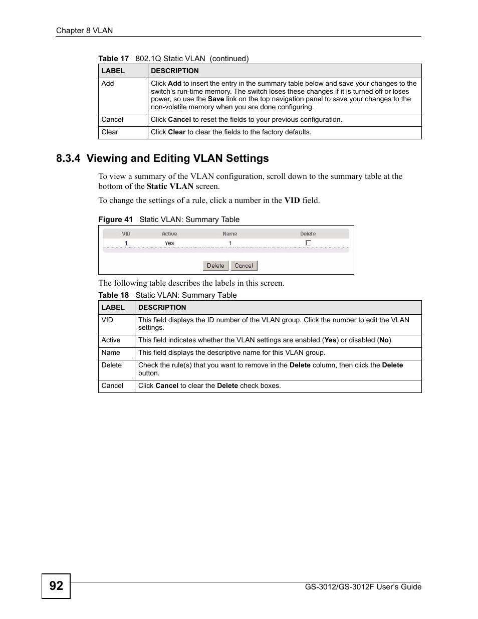 4 viewing and editing vlan settings, Figure 41 static vlan: summary table, Table 18 static vlan: summary table | ZyXEL Communications GS-3012F Series User Manual | Page 92 / 300