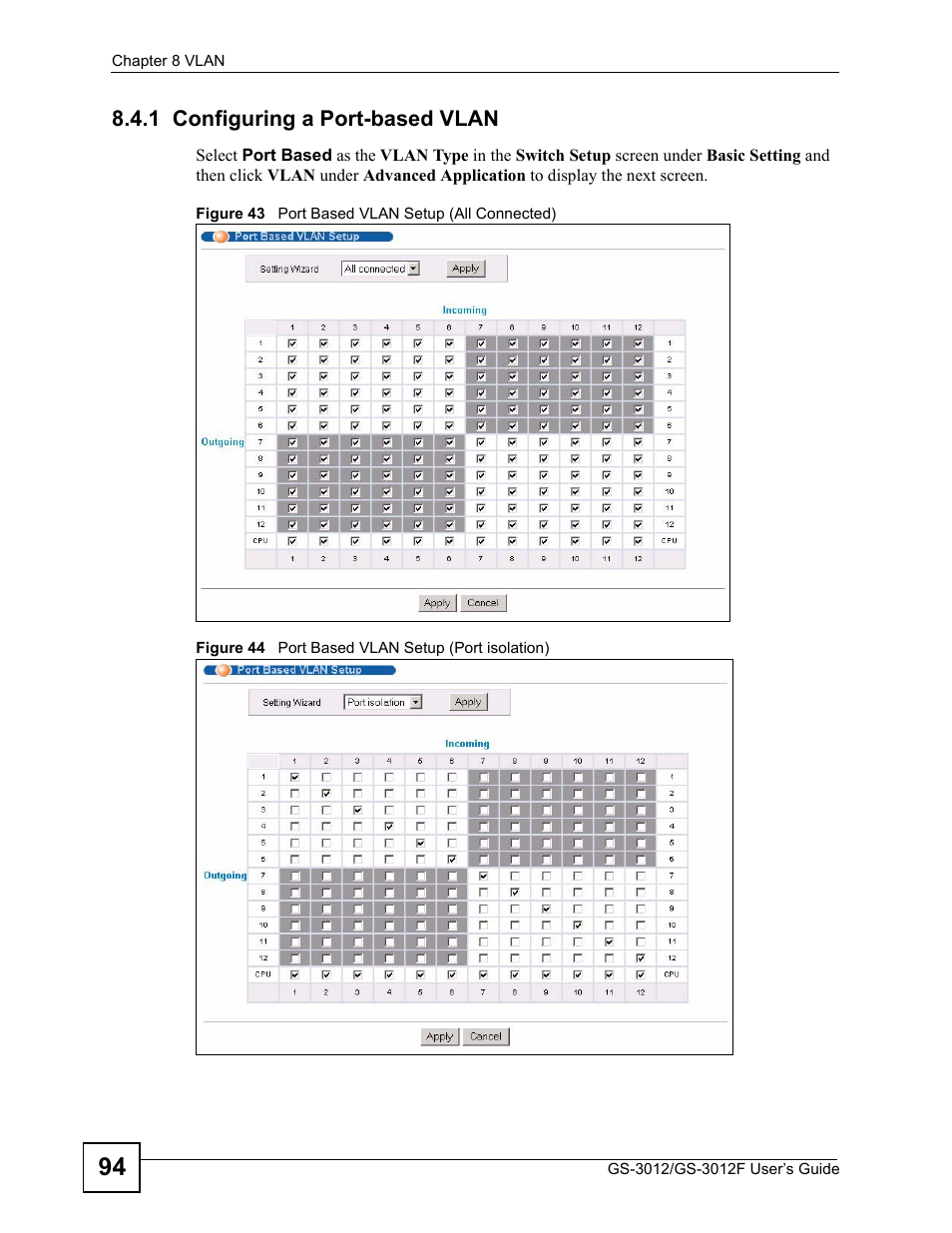1 configuring a port-based vlan | ZyXEL Communications GS-3012F Series User Manual | Page 94 / 300