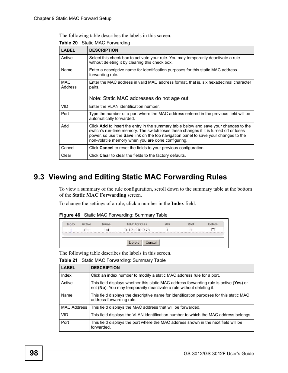 3 viewing and editing static mac forwarding rules, Figure 46 static mac forwarding: summary table | ZyXEL Communications GS-3012F Series User Manual | Page 98 / 300