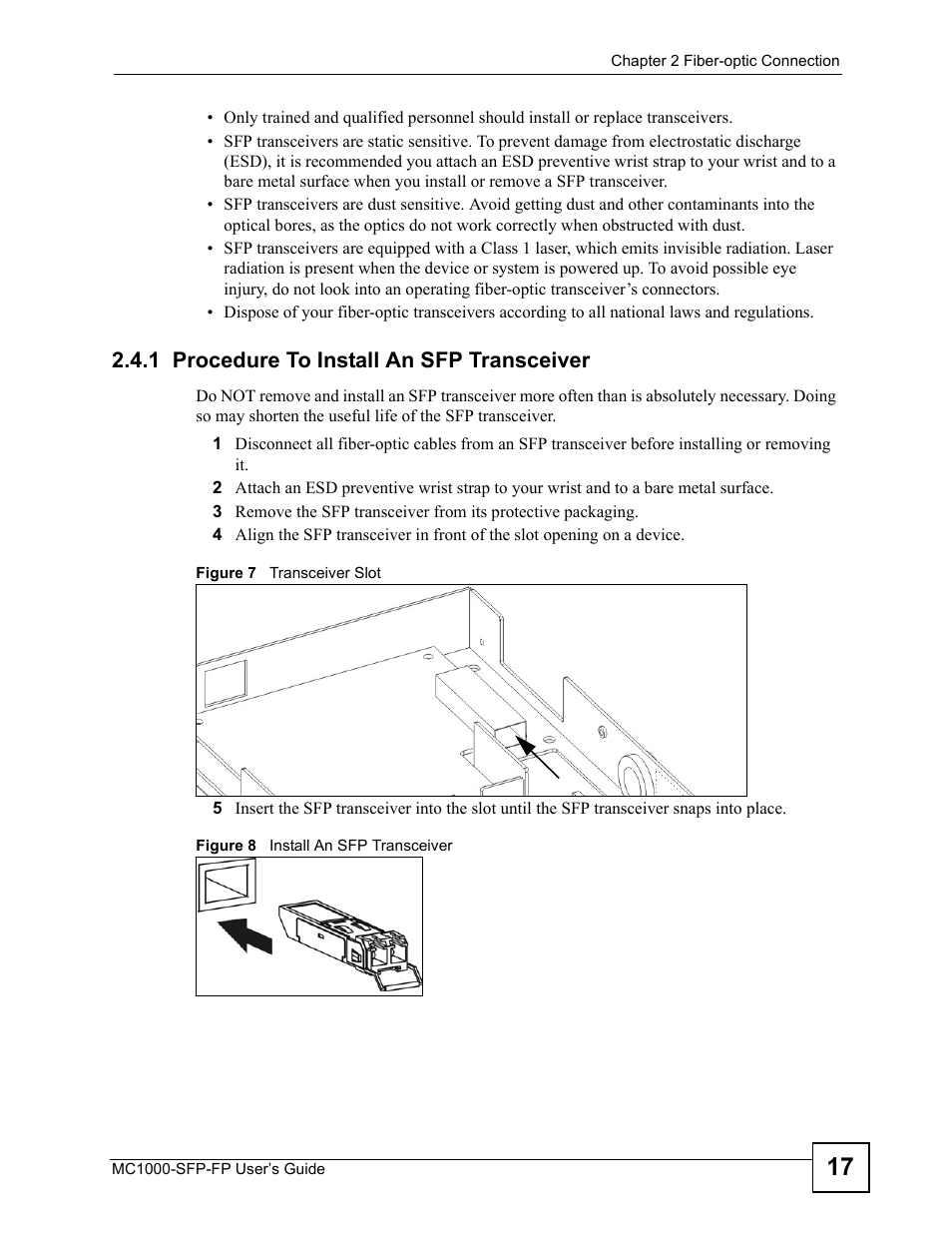 1 procedure to install an sfp transceiver | ZyXEL Communications Ethernet-to-Fiber Media Converter MC1000-SFP-FP User Manual | Page 17 / 34