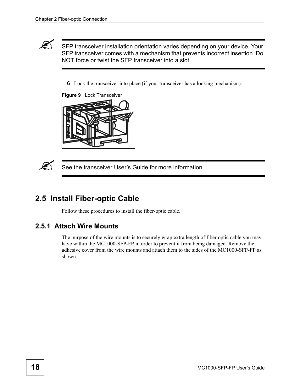5 install fiber-optic cable, 1 attach wire mounts, Figure 9 lock transceiver | ZyXEL Communications Ethernet-to-Fiber Media Converter MC1000-SFP-FP User Manual | Page 18 / 34