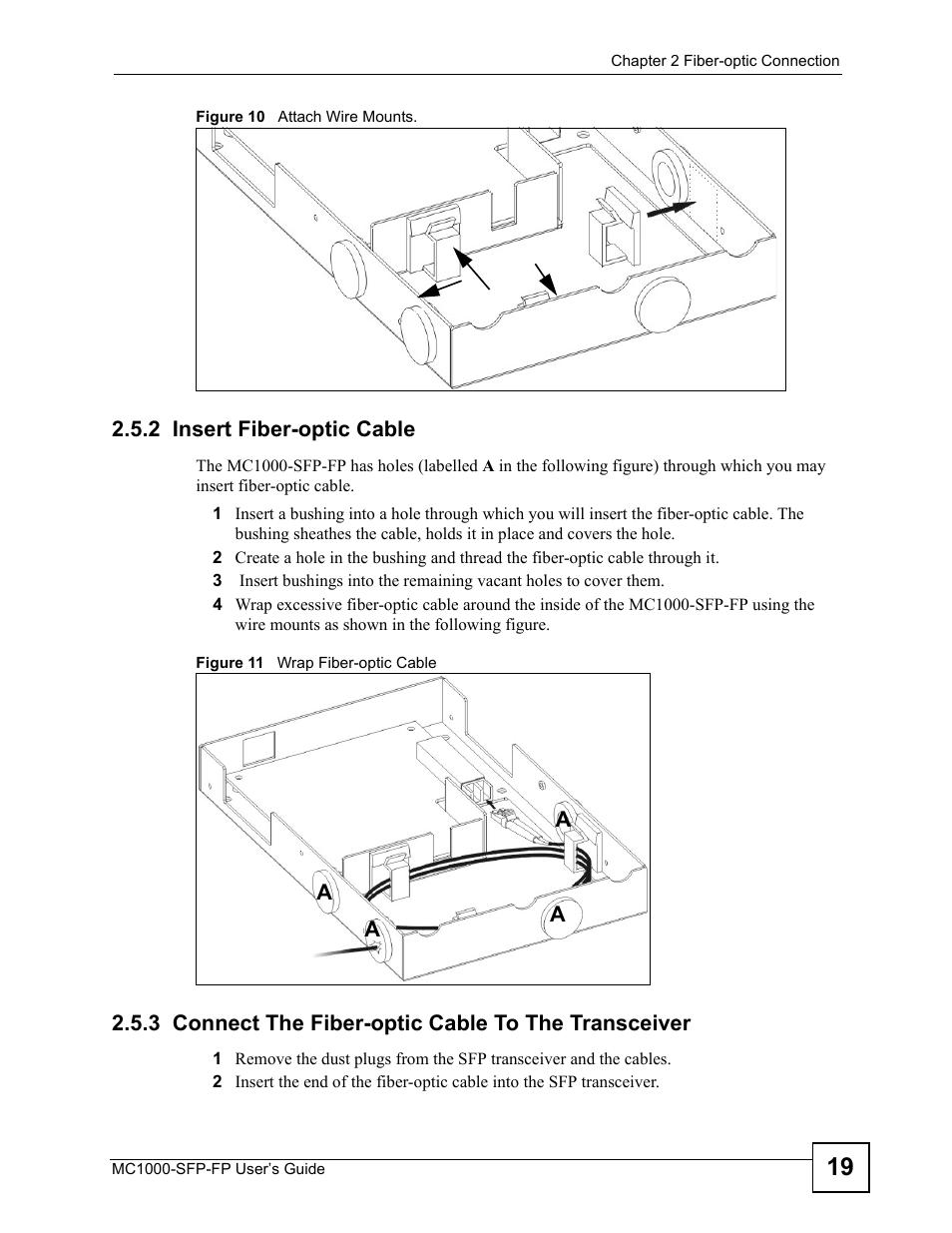 2 insert fiber-optic cable, 3 connect the fiber-optic cable to the transceiver | ZyXEL Communications Ethernet-to-Fiber Media Converter MC1000-SFP-FP User Manual | Page 19 / 34