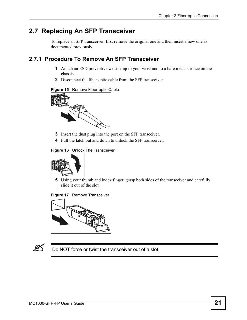 7 replacing an sfp transceiver, 1 procedure to remove an sfp transceiver, 21 2.7 replacing an sfp transceiver | ZyXEL Communications Ethernet-to-Fiber Media Converter MC1000-SFP-FP User Manual | Page 21 / 34